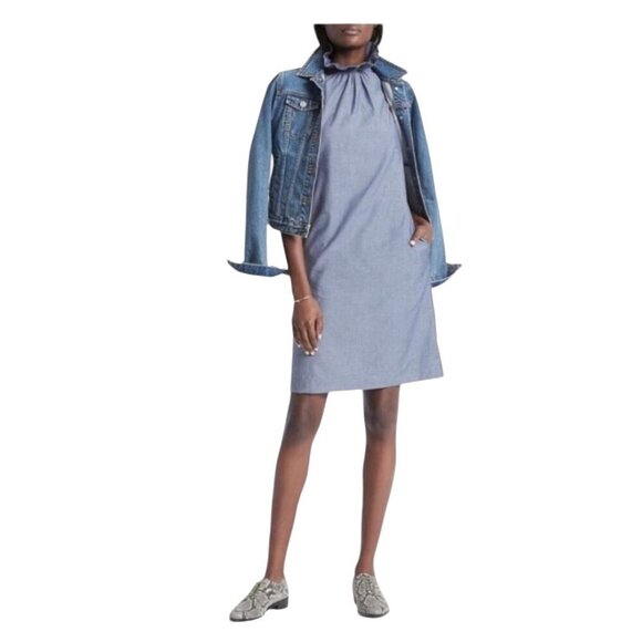 Banana Republic Ruffle Neck Sleeveless Shift Dress Blue - Picture 1 of 10